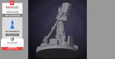 A detailed 3D model of armored character holding a large hammer, standing on a decorative base.