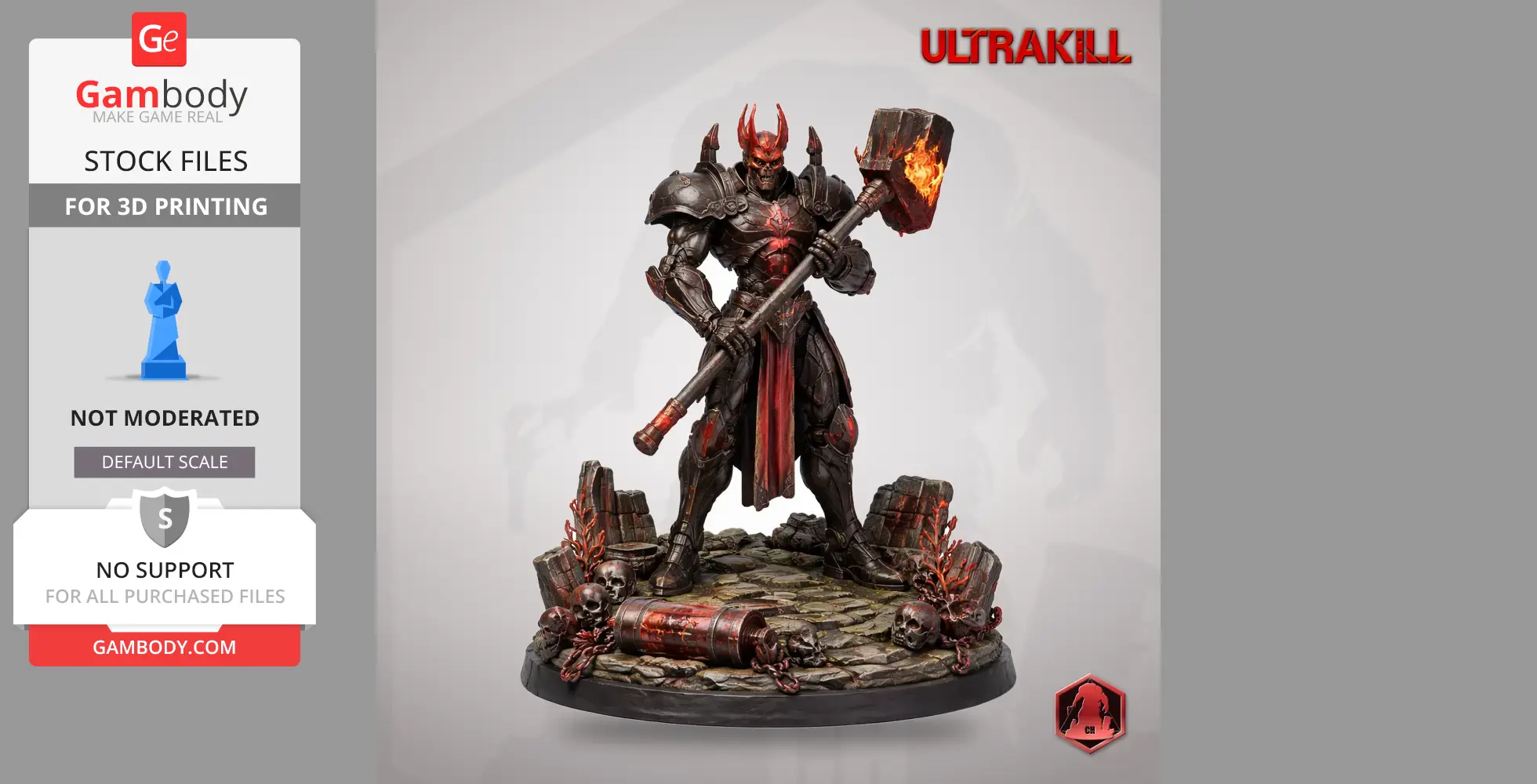 Armored character with fiery hammer and skulls, standing on rocky base from Ultrakill, 3D printable model.