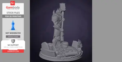 Armored figure holding a large hammer, standing on a base with skulls and debris.