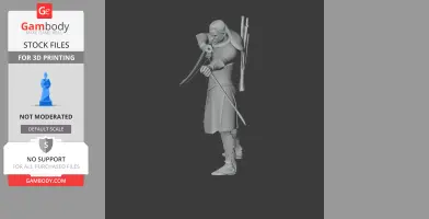 A 3D model of an archer poised to shoot, wearing a cloak with a quiver on the back.