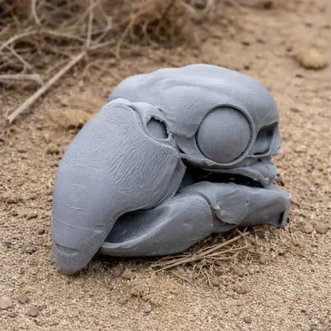 A detailed 3D-printed sulphur-crested cockatoo skull model on sandy ground.