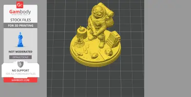 A 3D model of a small astronaut figure on a detailed round base with space-themed elements.