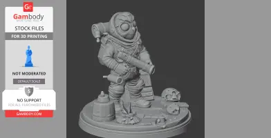 A detailed astronaut figure with a helmet, standing on a base with space-themed elements and equipment.