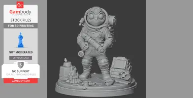 A cute, owl-like astronaut figure in a spacesuit, holding a tool, standing on a detailed base with equipment.