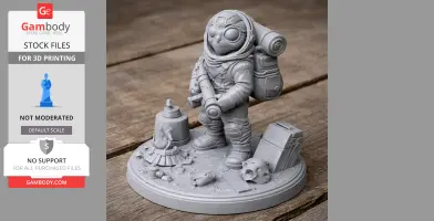 A detailed 3D printed figure of a small astronaut with a backpack, standing on a textured base with objects.