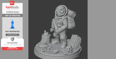 Astronaut figure with a backpack, surrounded by camping gear and skulls on a detailed base.
