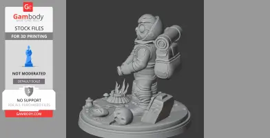 A 3D model of a space-suited character with a helmet, standing on a base with various objects and a campfire.