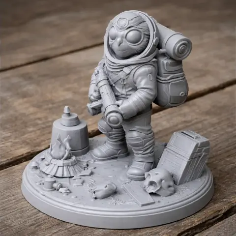 A detailed 3D-printed astronaut figure with gear, standing on a base with space-themed items.