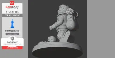 Astronaut character in spacesuit with backpack, standing on a base with a helmet and gear.