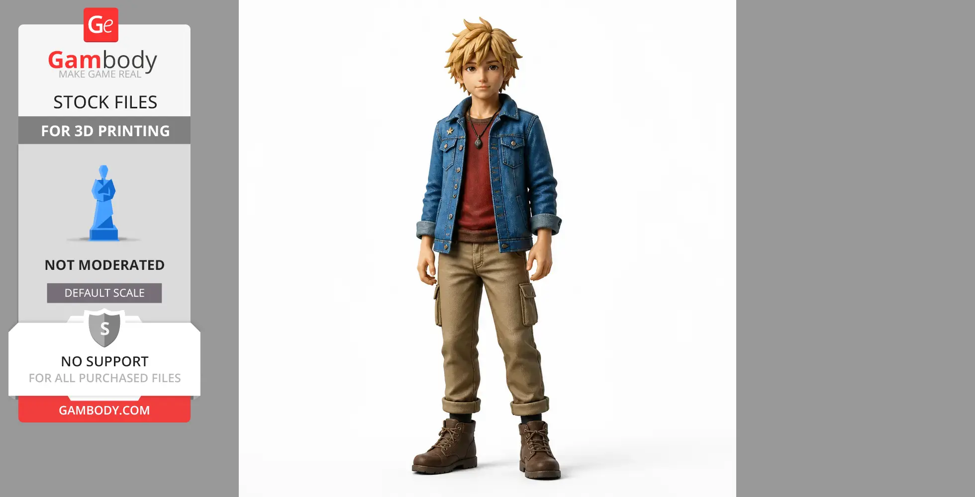 A 3D model of a young character with spiky hair, wearing a blue jacket, red shirt, and brown pants.