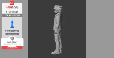 3D model of a youthful character with spiky hair, in a casual outfit, side view, ready for 3D printing.