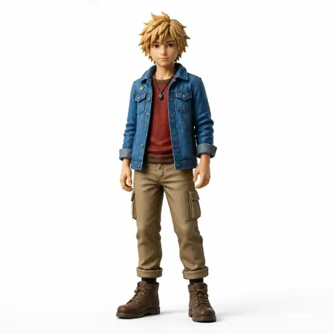 A detailed figurine of Leo from Stardew Valley, wearing a denim jacket and cargo pants.
