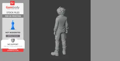 3D model of a character in casual clothing, with spiky hair, viewed from the back, ready for 3D printing.