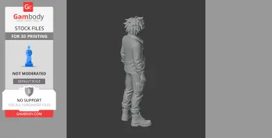 3D model of a character with spiky hair, standing with one arm by their side, wearing a jacket and boots.