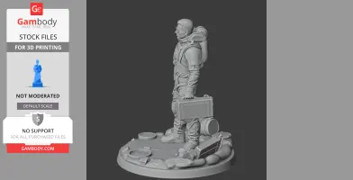 A standing character with gear, holding a briefcase on a detailed circular base.
