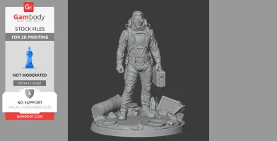 A detailed 3D figure of a futuristic man in a suit holding a case, standing on a themed base.