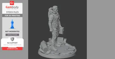 3D model of a standing figure with a backpack and a case, on a circular base with various objects.