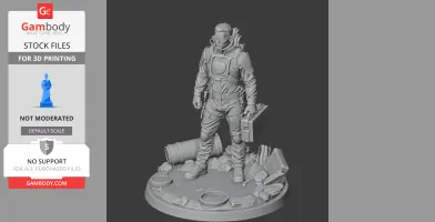 A detailed 3D figure of a character in a tech suit with a backpack and holding a case, standing on a debris base.