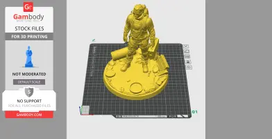 A 3D model of a figure in a suit with gear, standing on a circular base with scattered objects.