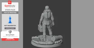 A standing figure in a suit with a backpack and briefcase, on a cluttered base with equipment.