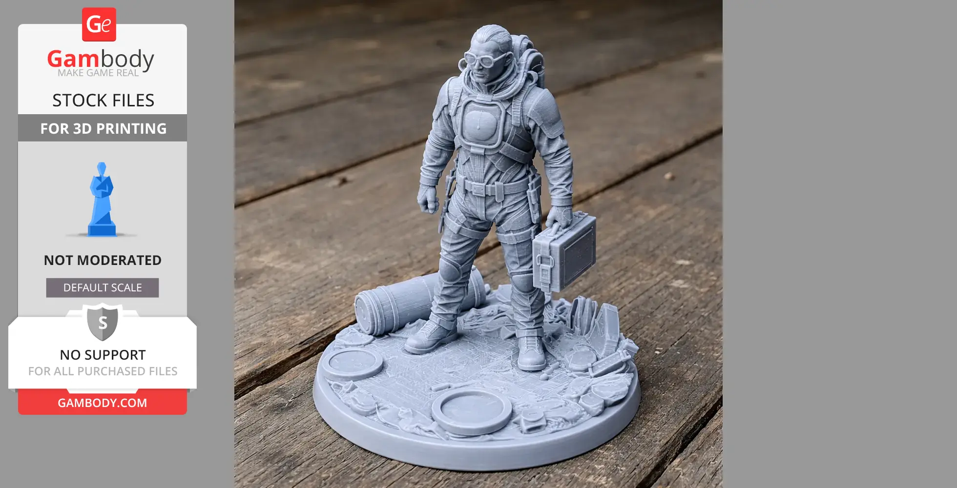 A detailed 3D printed figure of a character in a suit holding a briefcase, standing on a textured base.