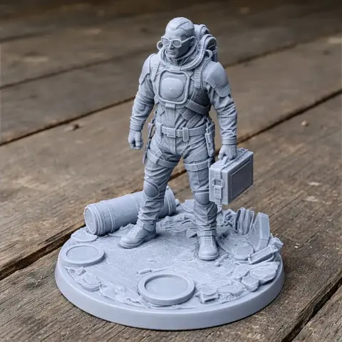 A detailed 3D-printed figure of a futuristic character with goggles, backpack, and briefcase on a circular base.