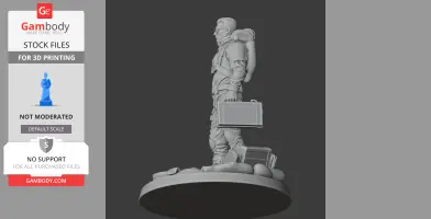 3D printed character figure holding a briefcase, wearing a backpack, standing on a detailed base.