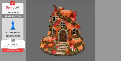 Whimsical pumpkin house with candle holders, autumn leaves, mushrooms, and stone pathway.
