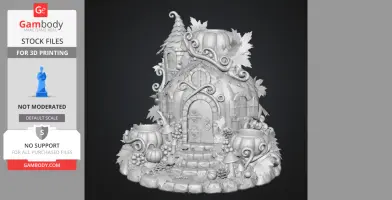 A whimsical pumpkin house decorated with vines and leaves, featuring mushrooms and stairs.