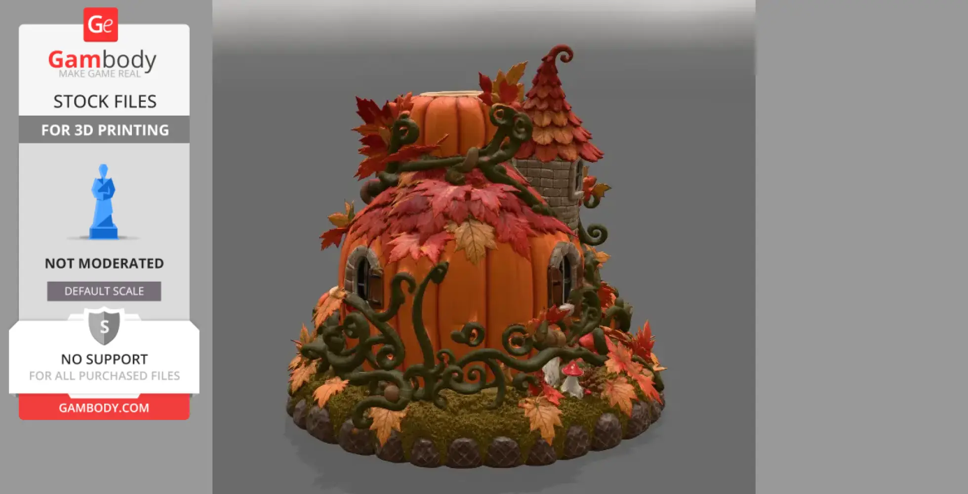 A whimsical pumpkin house adorned with autumn leaves and vines, designed as a candle holder.