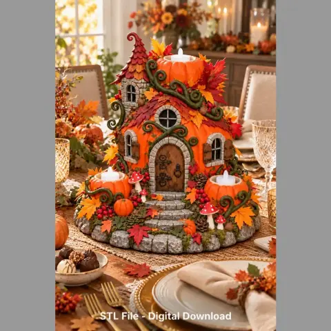 Textured pumpkin house candle holder with autumn leaves and stone path, designed for 3D printing.