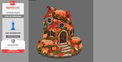 A whimsical pumpkin house with stairs, windows, and foliage, designed as a LED candle holder.