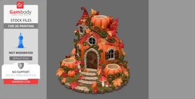 Whimsical pumpkin house with autumn leaves and candle holder sections, ideal for 3D printing.