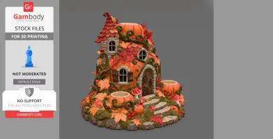 Enchanting pumpkin house with autumn leaves, vines, and mushrooms, designed for LED candle display.