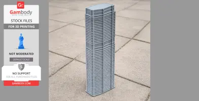 A detailed 3D printed model of a modern skyscraper on a tiled surface.