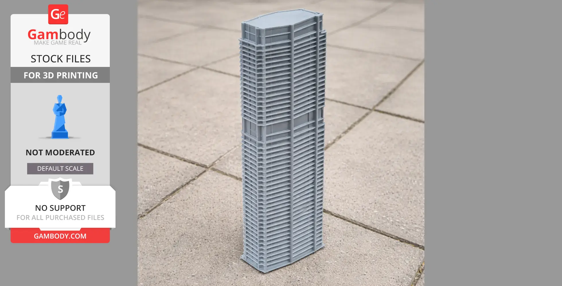 A detailed 3D printed model of a modern skyscraper on a tiled surface.
