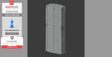 Gray 3D model of a tall, modern skyscraper with detailed horizontal lines and rectangular sections.