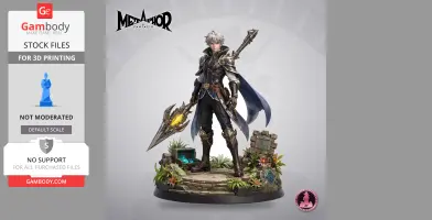 A fantasy warrior with a sword and armor stands on a decorated stone base with plants and treasures.