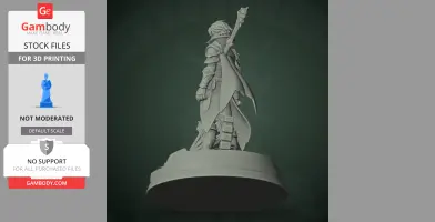 A detailed character figure with armor, cape, and staff, standing on a round base.