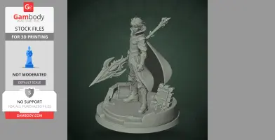 Armored character figure with a cape, holding a large weapon, standing on a detailed circular base.