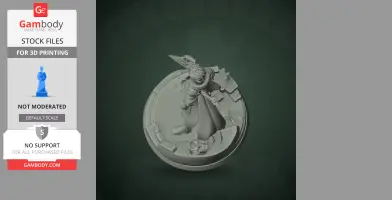 Fantasy character in armor with a cape, standing on a detailed circular base.