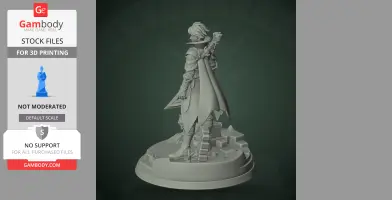 A detailed 3D character figure with armor and cape, holding a staff, standing on a textured base.