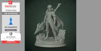 A detailed 3D model of an armored character with a cape and large weapon, standing on a decorative base.