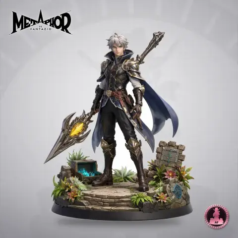 Warrior figure in armor with a large sword and cape, standing on a decorated stone base.