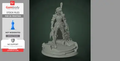 Heroic figure in fantasy armor, holding a sword, standing on a detailed circular base.
