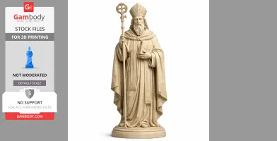 A detailed 3D model of a saint holding a staff and book, dressed in ornate religious robes.