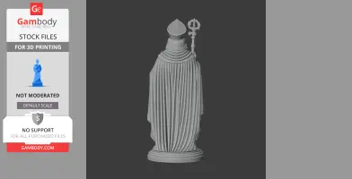 A 3D model of a draped, robed figure with a tall hat holding an ornate staff, viewed from behind.