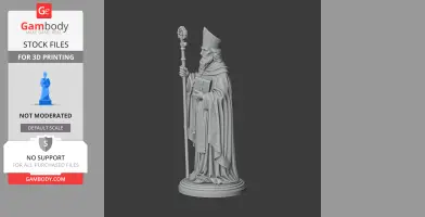 A detailed 3D statue of a robed figure holding a staff and book, wearing a mitre.