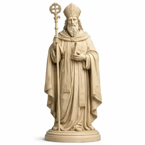 A detailed statue of a saint holding a staff and a book, wearing robes and a mitre.