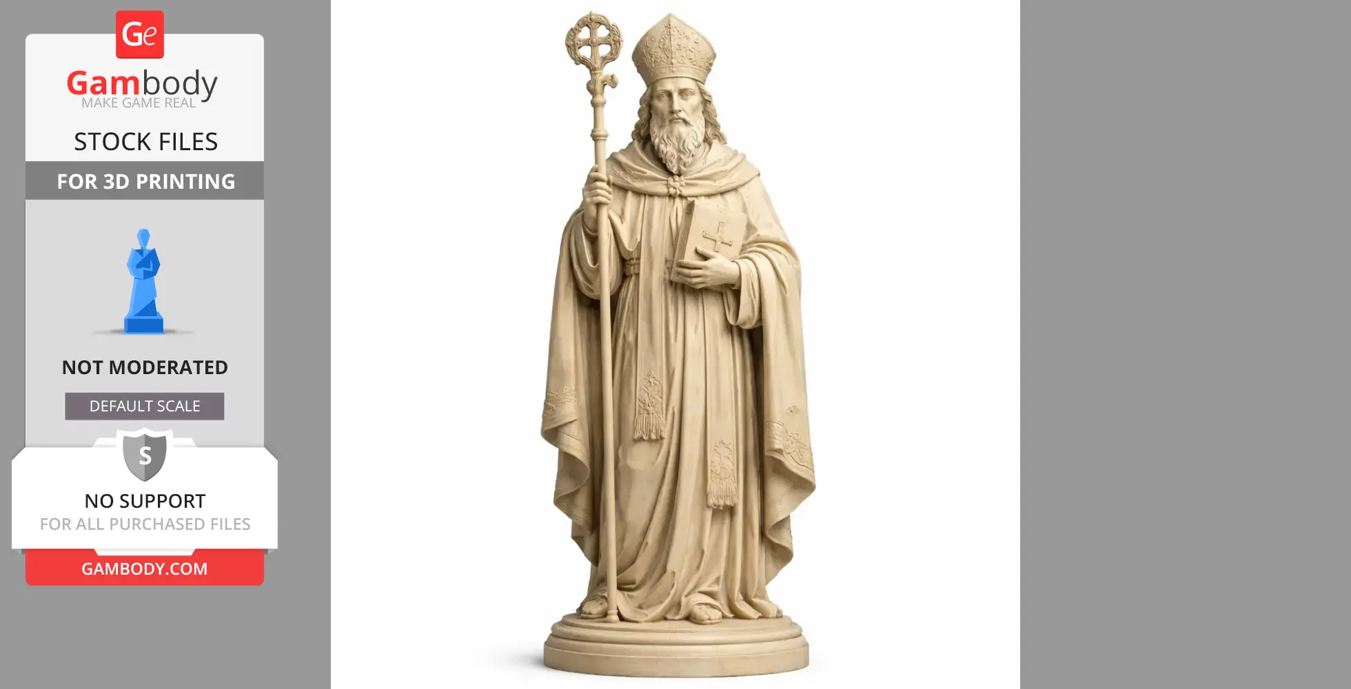 A detailed 3D model of a saint holding a staff and book, dressed in ornate religious robes.